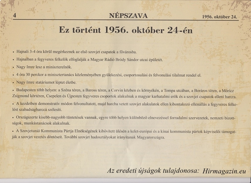 A magyar nemzet 1956-ban világtörténelmet írt. Íme, az 1956. október 24-i események, az eredeti sajtók hasábjain! Kép: Hirmagazin.eu