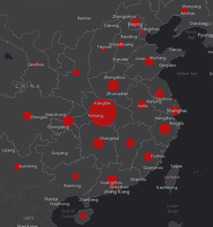 Kínában ezeken a helyeken van fertőzés. A nagyobb piros pontok járvány-gócot jelentenek. Hirmagazin.eu
